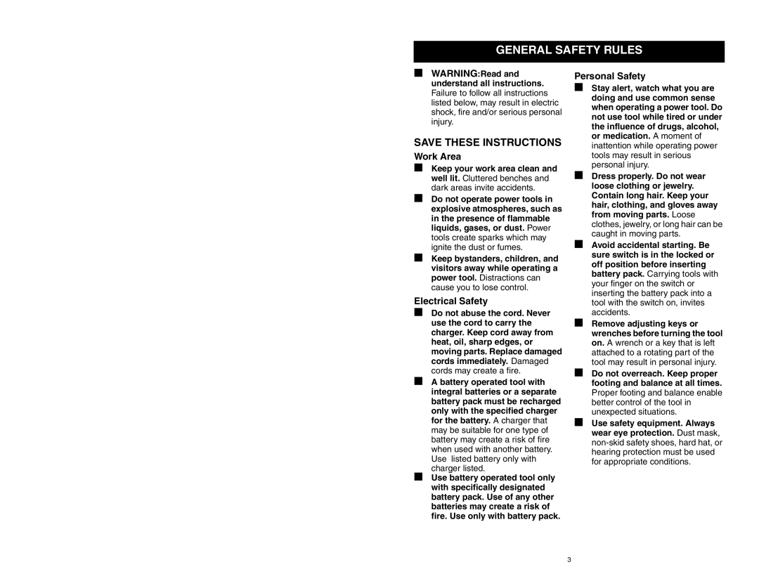 Craftsman 310.26825 owner manual General Safety Rules, Work Area, Electrical Safety, Personal Safety 