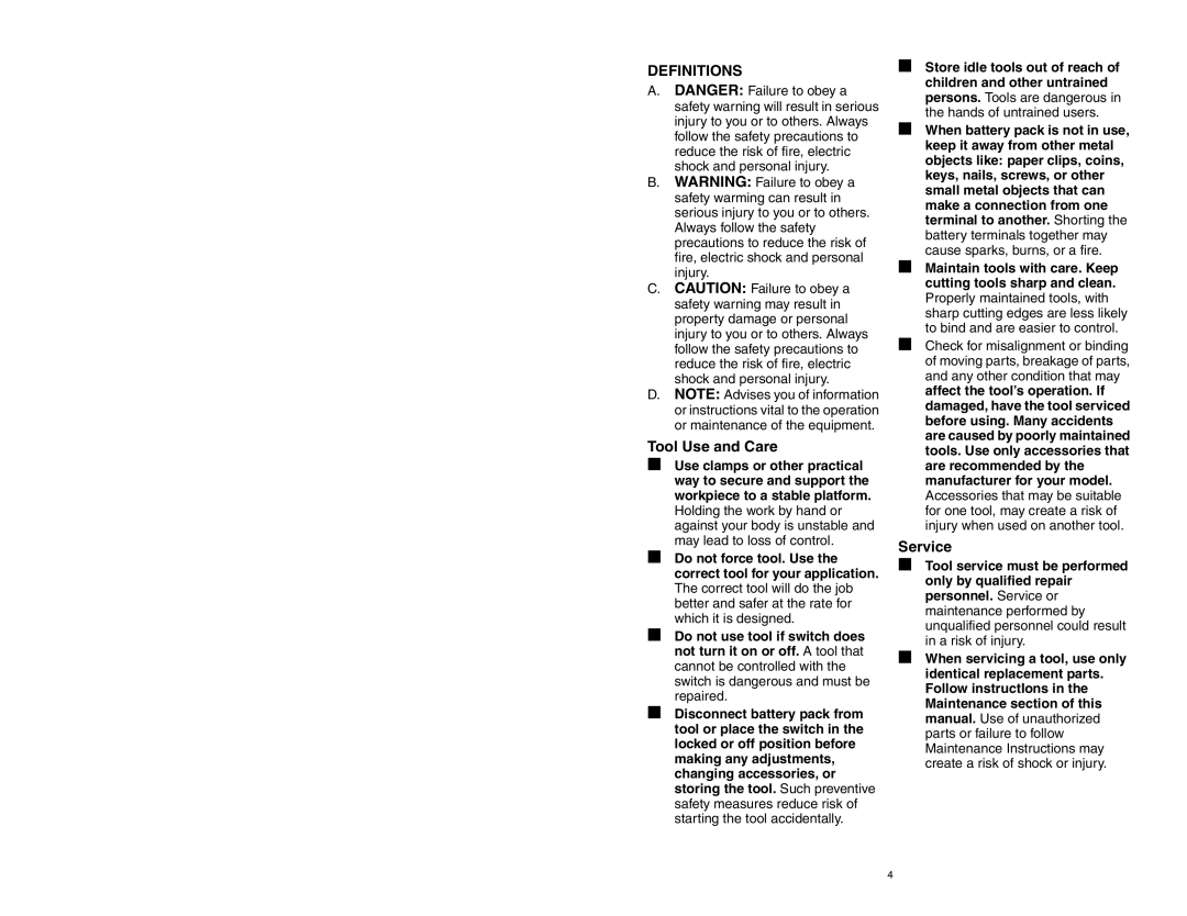 Craftsman 310.26825 owner manual Definitions, Tool Use and Care, Service 