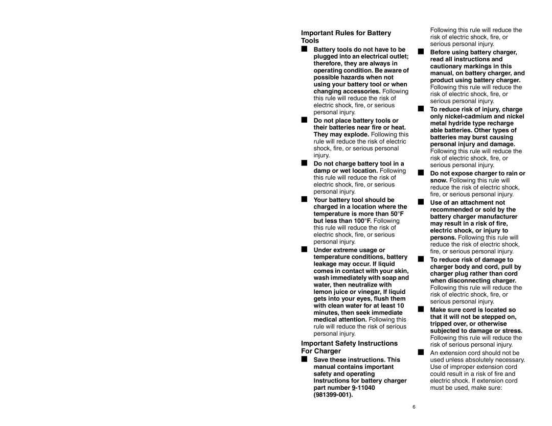 Craftsman 310.26825 owner manual Important Rules for Battery Tools, Important Safety Instructions For Charger 