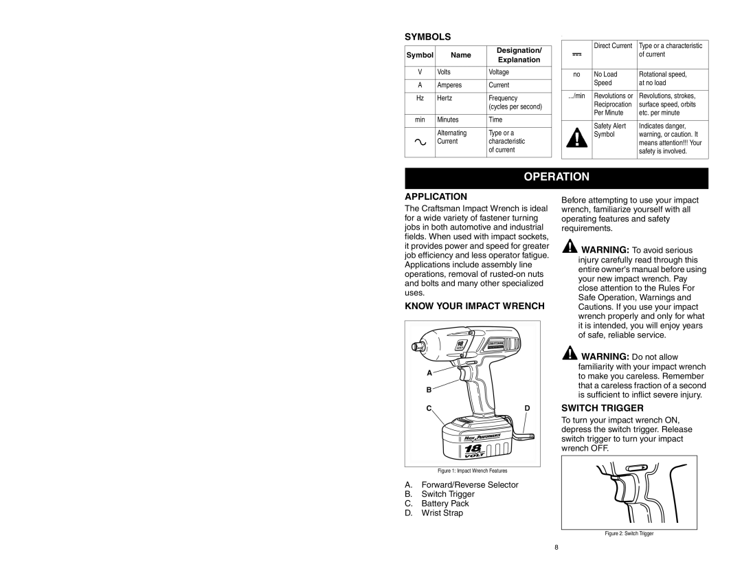 Craftsman 310.26825 owner manual Operation, Symbols, Application, Know Your Impact Wrench, Switch Trigger 