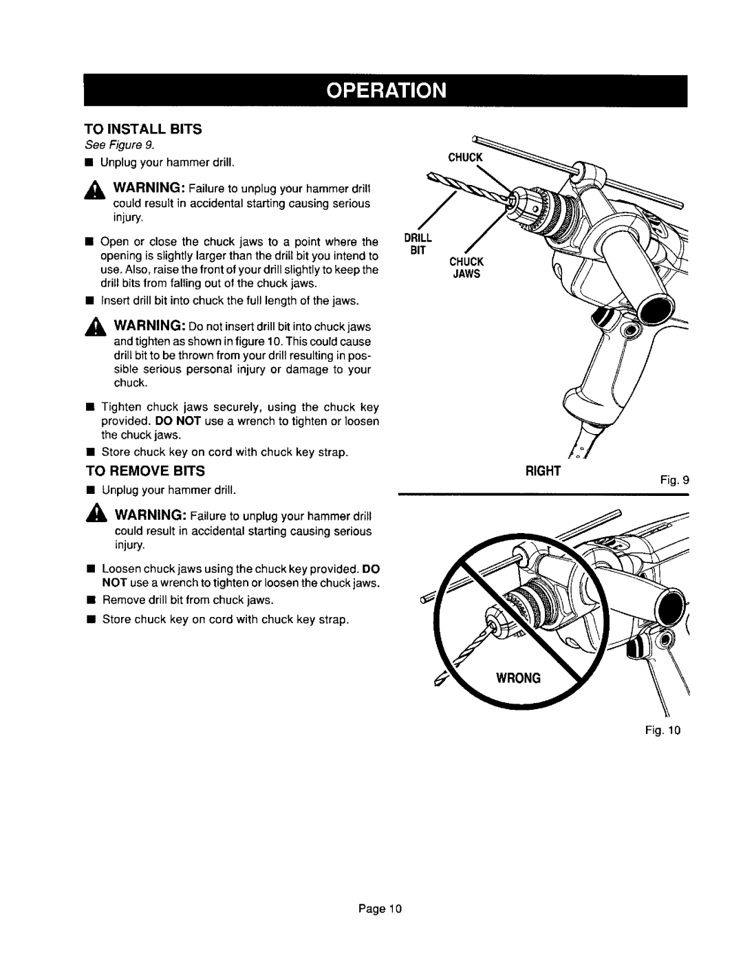 Craftsman 315.10136 operating instructions To Install Bits, Right, Fig, g 