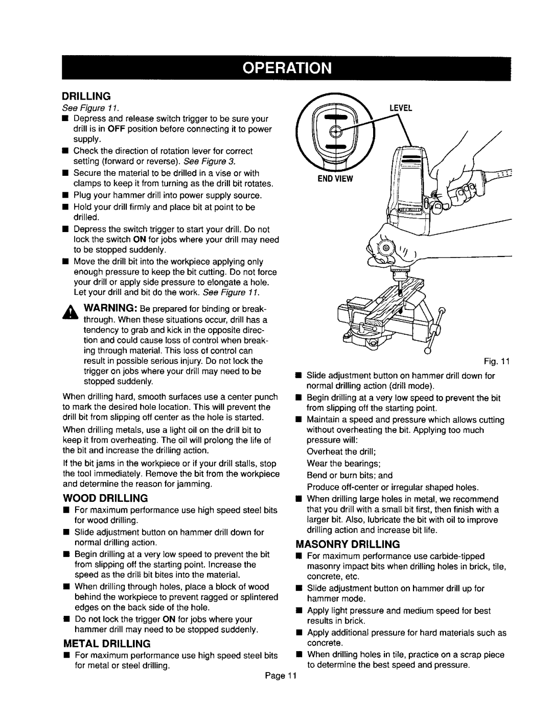 Craftsman 315.10136 operating instructions Wood Drilling, Metal Drilling, Endview, Masonry Drilling 