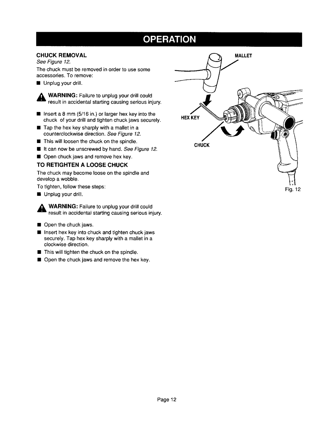 Craftsman 315.10136 operating instructions Chuckremoval, To Retighten a Loose Chuck 