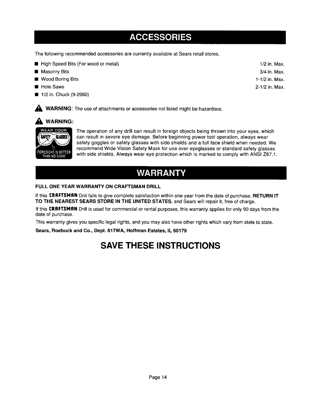 Craftsman 315.10136 Full ONE Year Warranty on Craftsman Drill, Sears, Roebuck and Co., Dept WA, Hoffman Estates, IL 