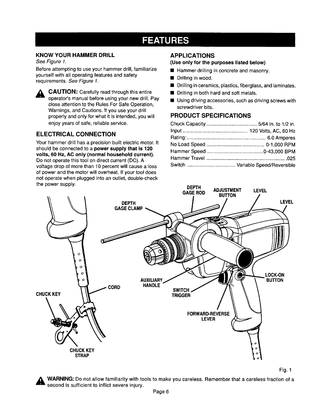 Craftsman 315.10136 Know Your Hammer Drill, Chuckkey Strap Applications, Use only for the purposes listed below, Level 