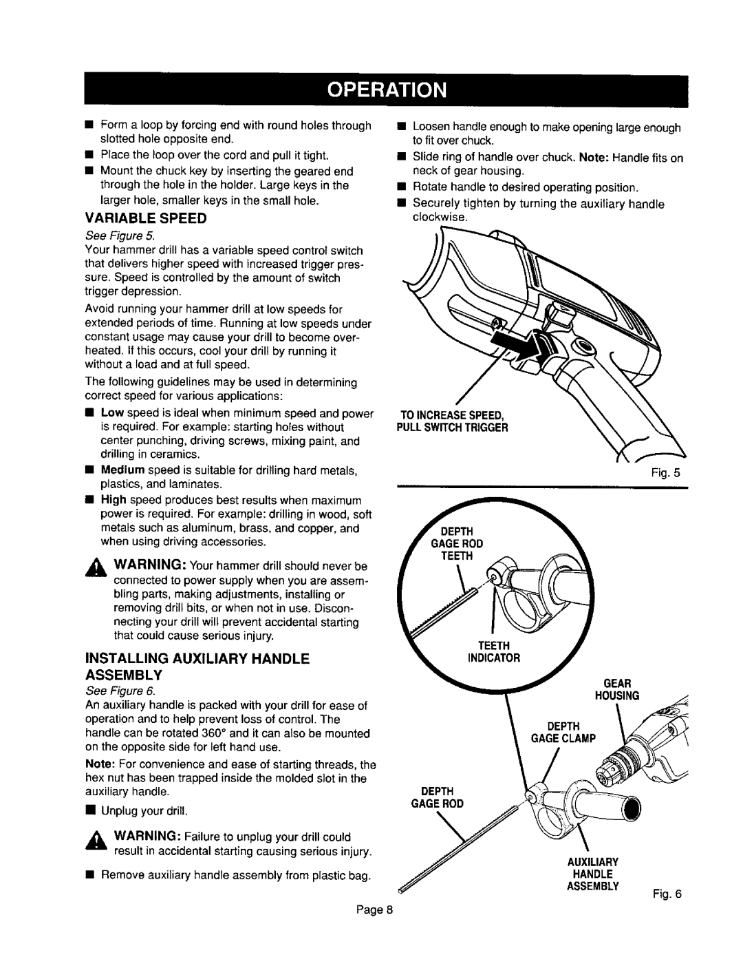 Craftsman 315.10136 Variable Speed, Installing Auxiliary Handle Assembly, Teeth, Gear Housing Depth Gageclamp 