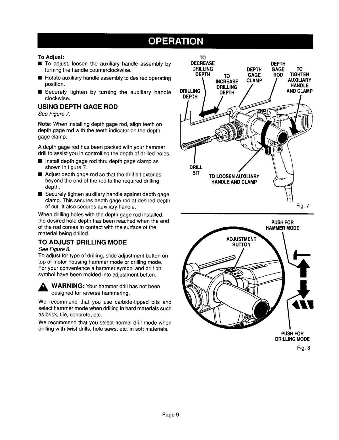 Craftsman 315.10136 operating instructions Using Depth Gage ROD 