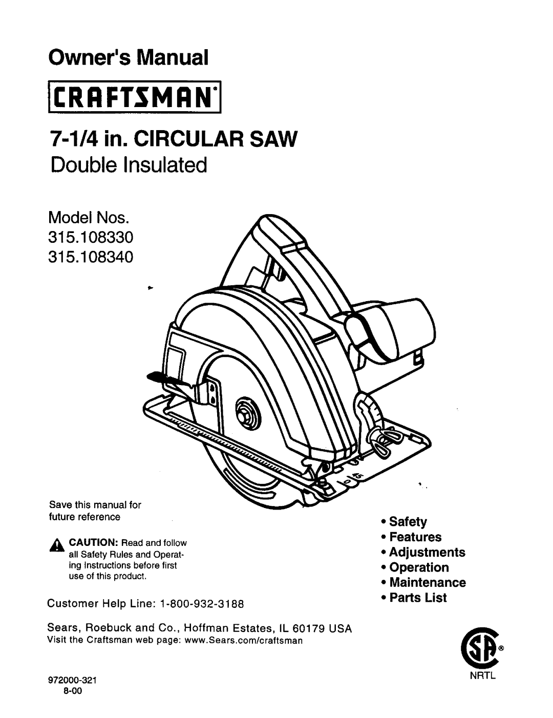 Craftsman 315.10833, 315.10834 owner manual Save this manual for, 972000-321, Nrtl 