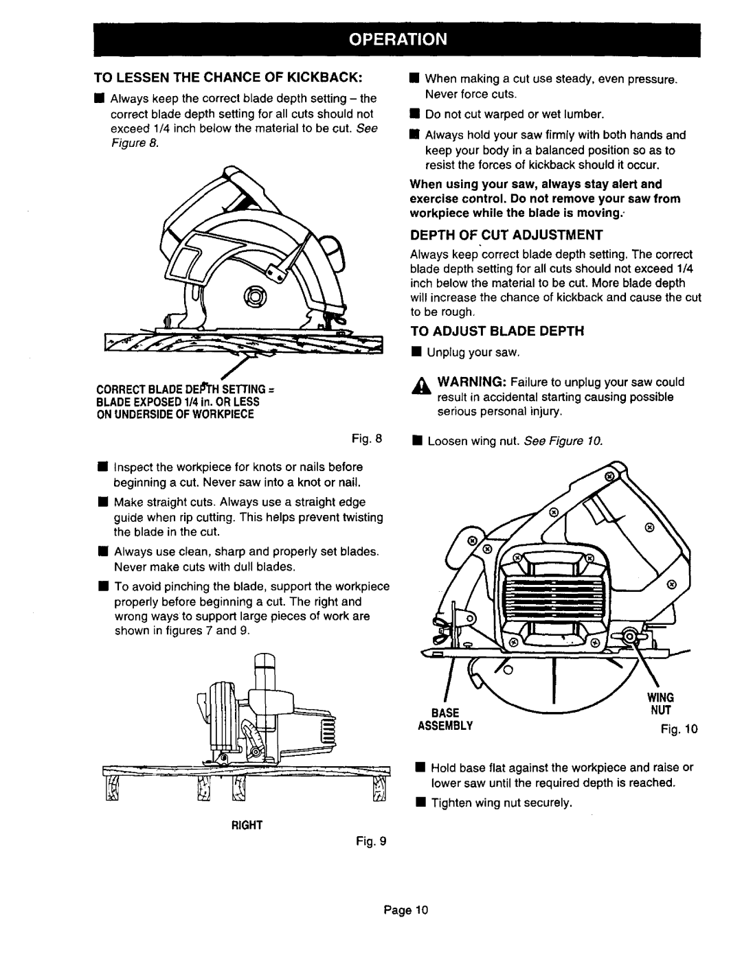 Craftsman 315.10834, 315.10833 To Lessen the Chance of Kickback, Depth of CUT Adjustment, To Adjust Blade Depth, Wing 