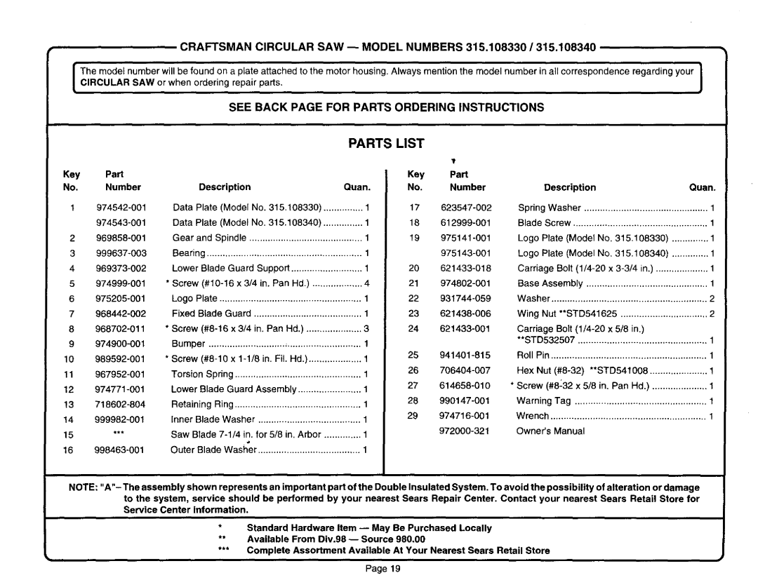 Craftsman 315.10833, 315.10834 owner manual Key Part No. Number, Description Quan 