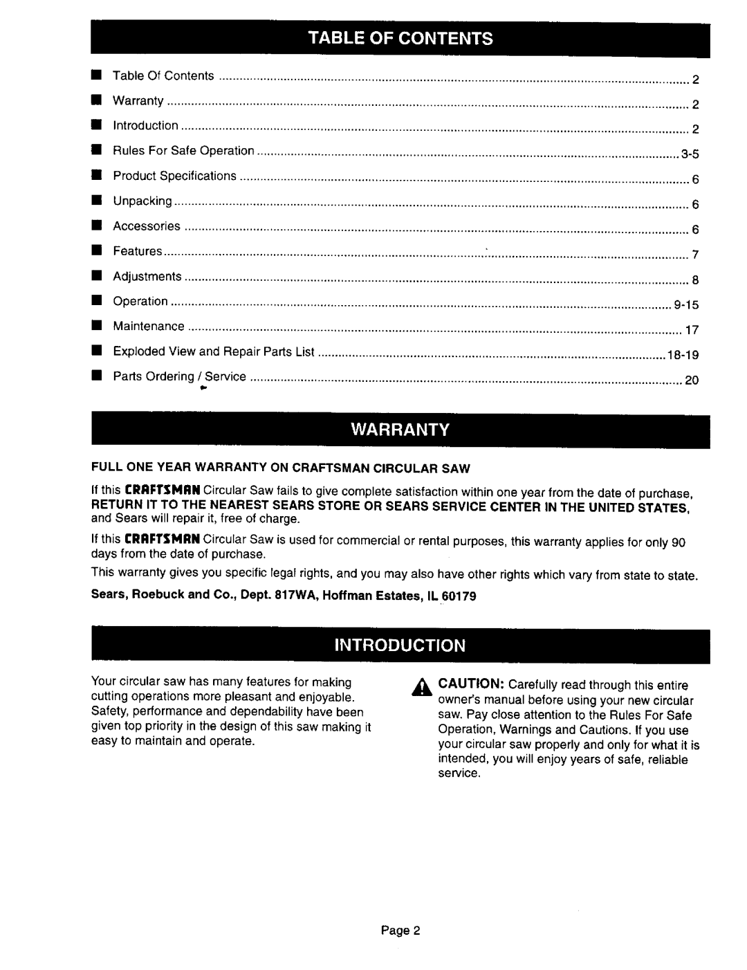 Craftsman 315.10834 Full ONE Year Warranty on Craftsman Circular SAW, Sears, Roebuck and Co., Dept WA, Hoffman Estates, IL 