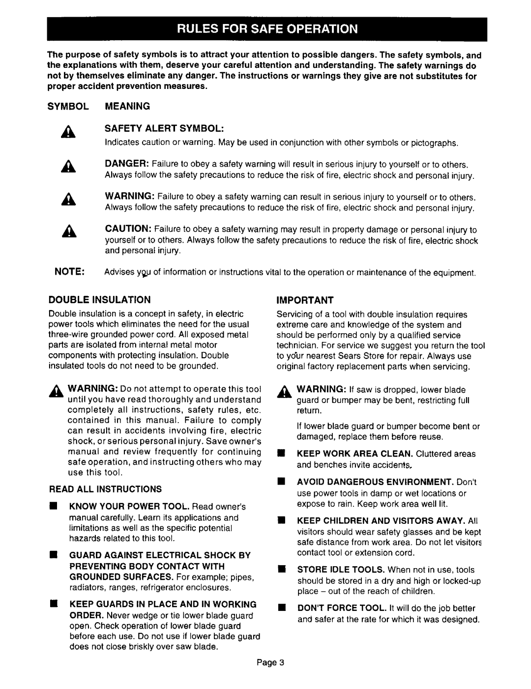 Craftsman 315.10833, 315.10834 owner manual Symbol Meaning Safety Alert Symbol, Doubleinsulation, Insulation requires 