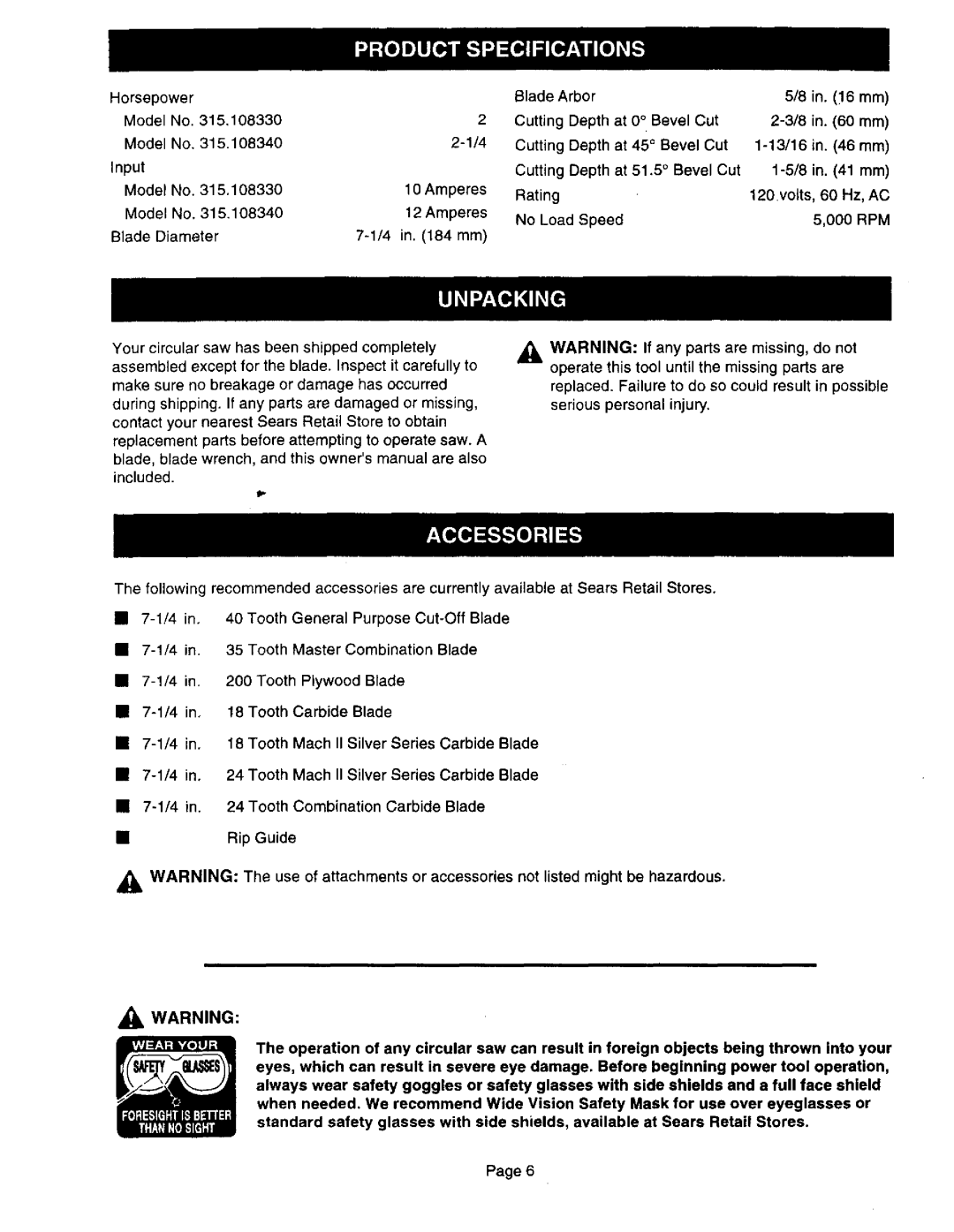 Craftsman 315.10834, 315.10833 owner manual Rpm, Series Carbide 