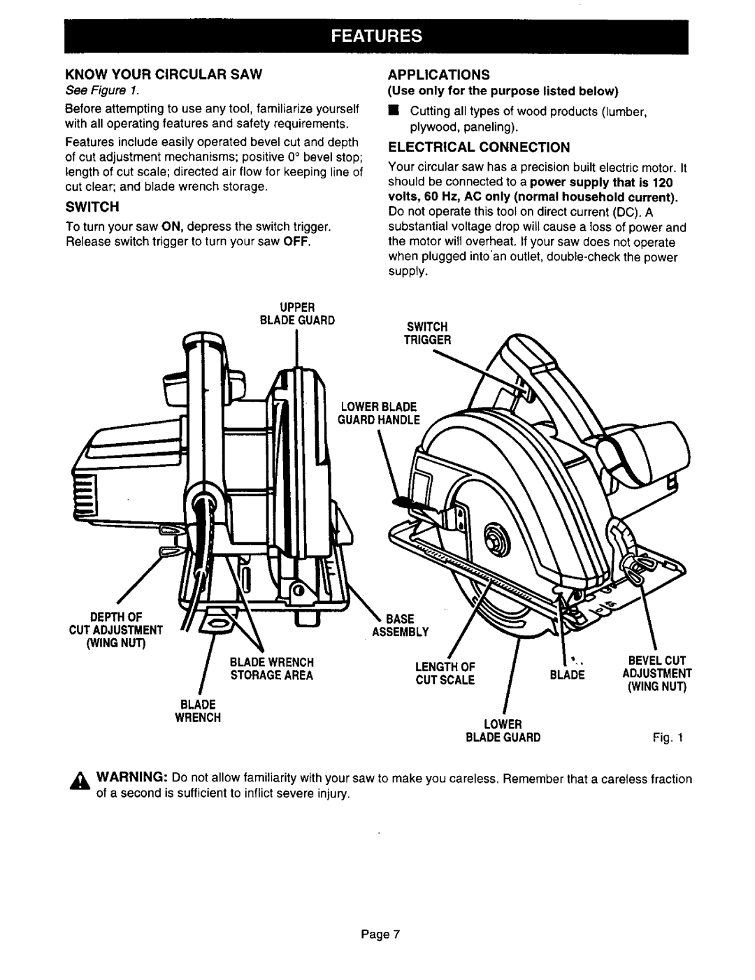 Craftsman 315.10833, 315.10834 Know Your Circular SAW, Switch, Applications, Use only for the purpose listed below 