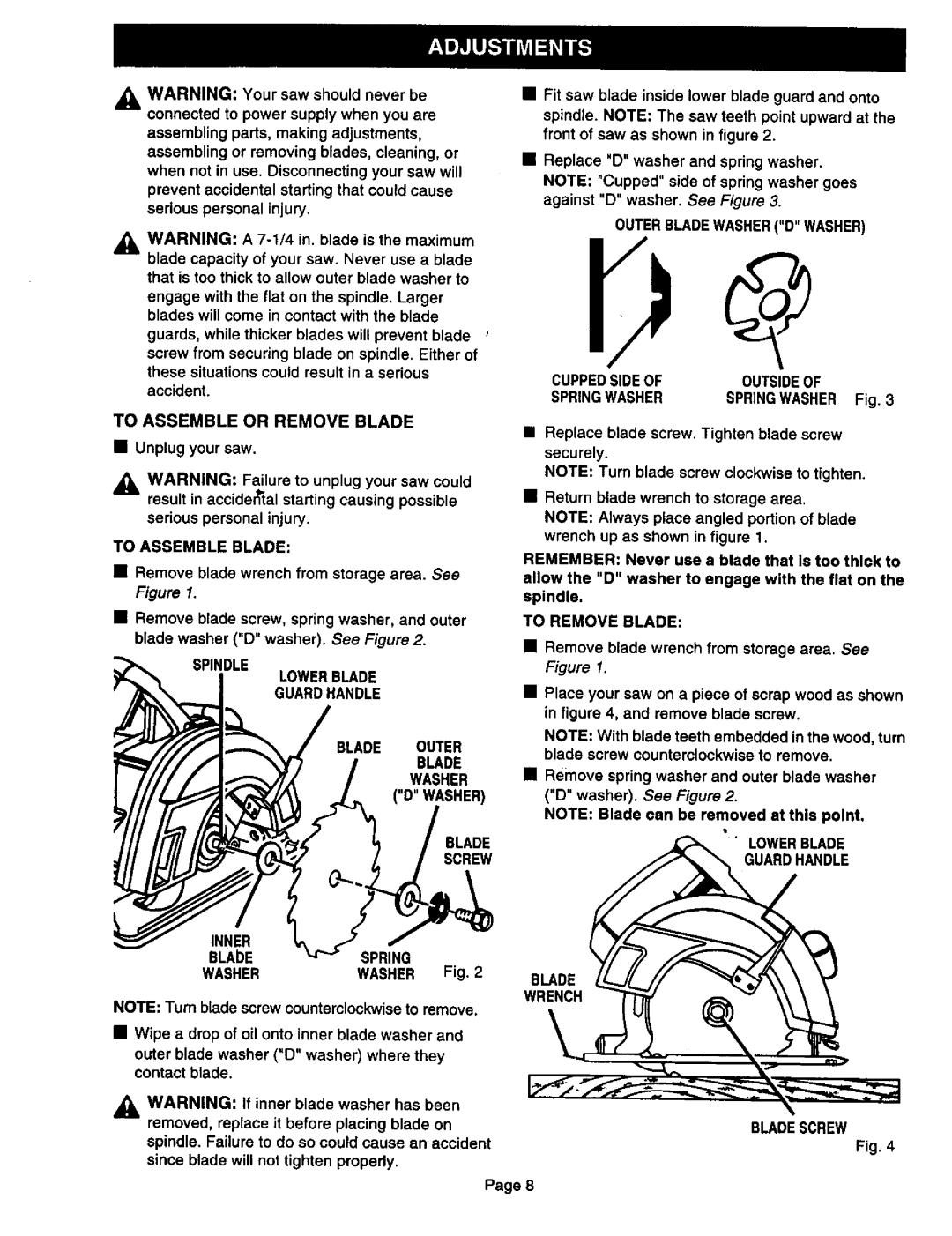 Craftsman 315.10834 To Assemble or Remove Blade, To Assemble Blade, Outerbladewasherd Washer Cuppedside Ofoutsideof 