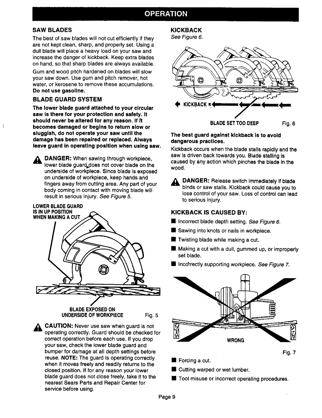 Craftsman 315.10833, 315.10834 owner manual SAW Blades, Blade Guard System, Kickback =, Kickback is Caused by, Wrong 