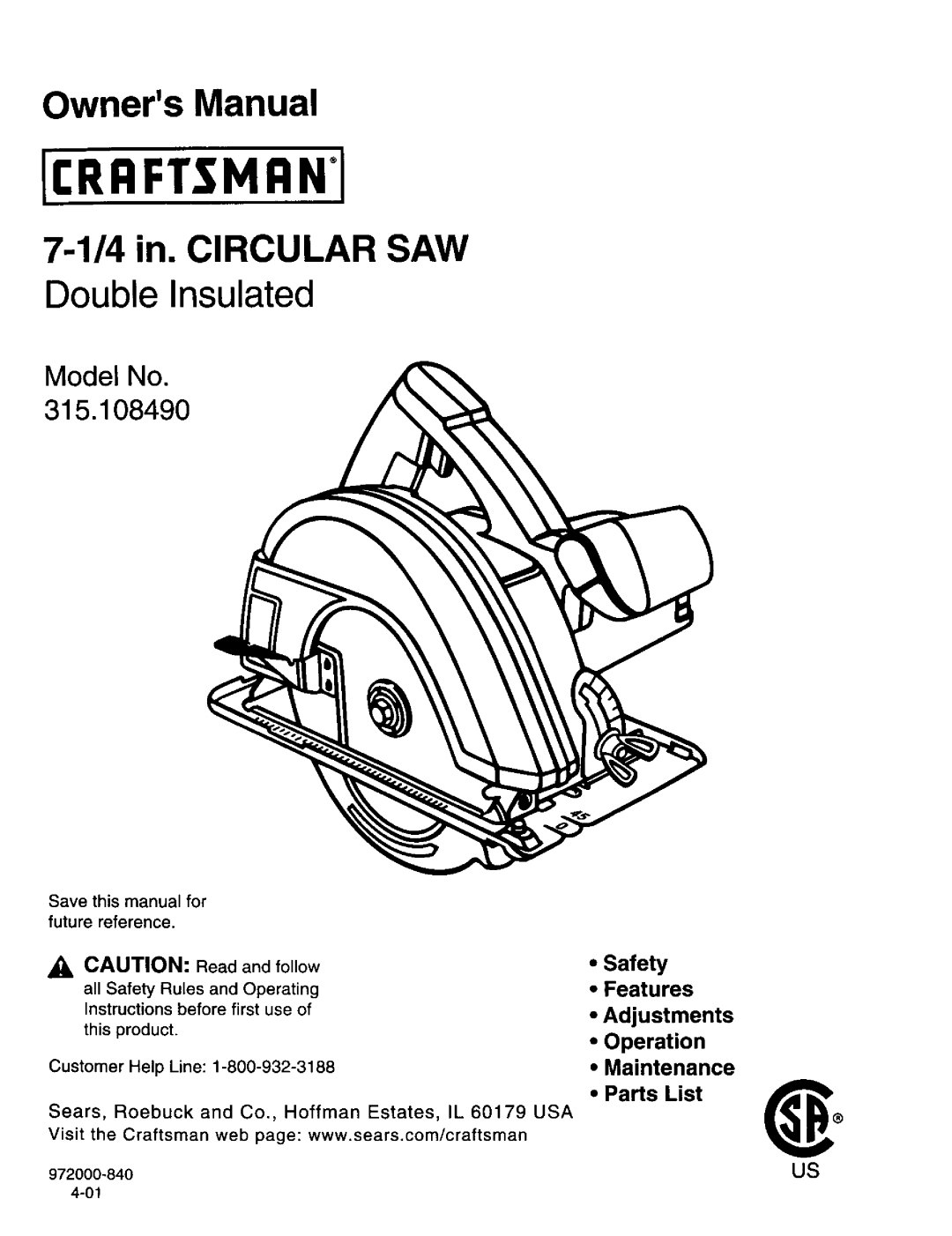 Craftsman 315.10849 owner manual 4 in. Circular SAW 