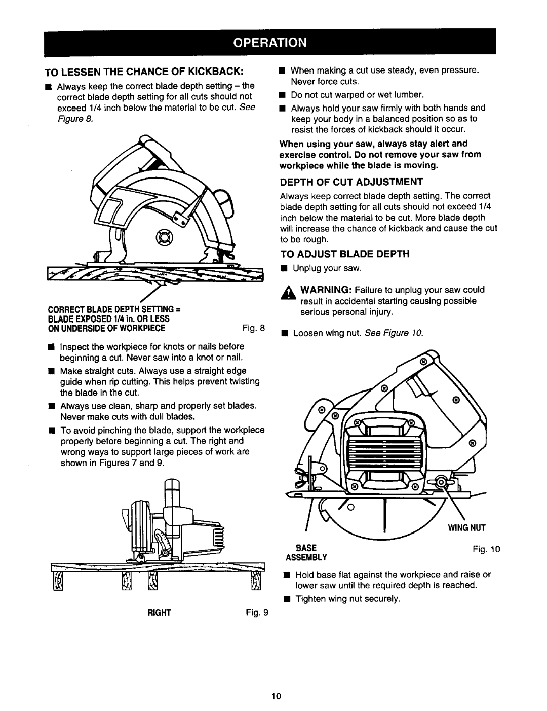 Craftsman 315.10849 To Lessen the Chance of Kickback, Depth of CUT Adjustment CORRECTBLADEDEPTHSETTING=, Base Assembly 