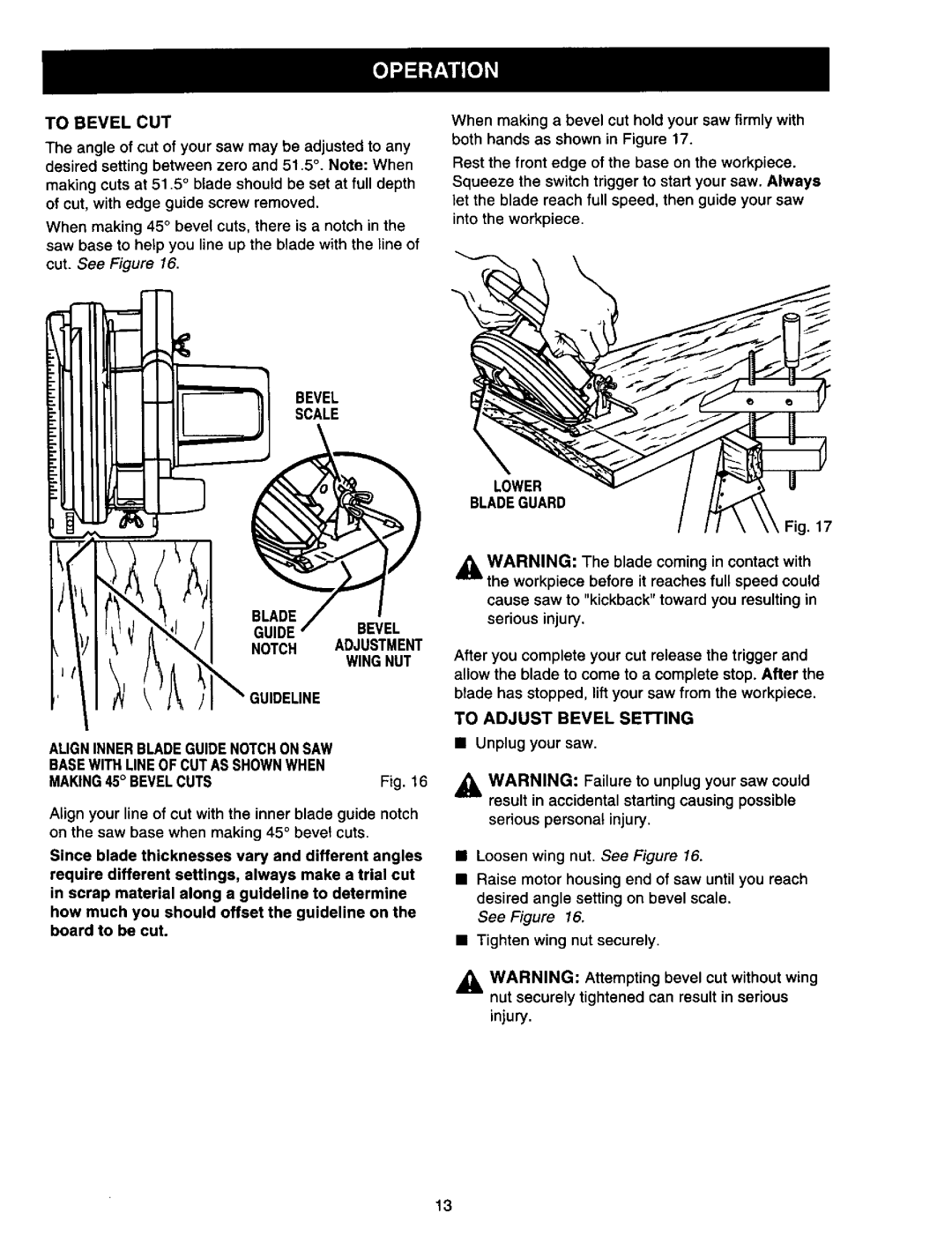 Craftsman 315.10849 owner manual To Bevel CUT, Bevel Scale, To Adjust Bevel Sebing, Injury 