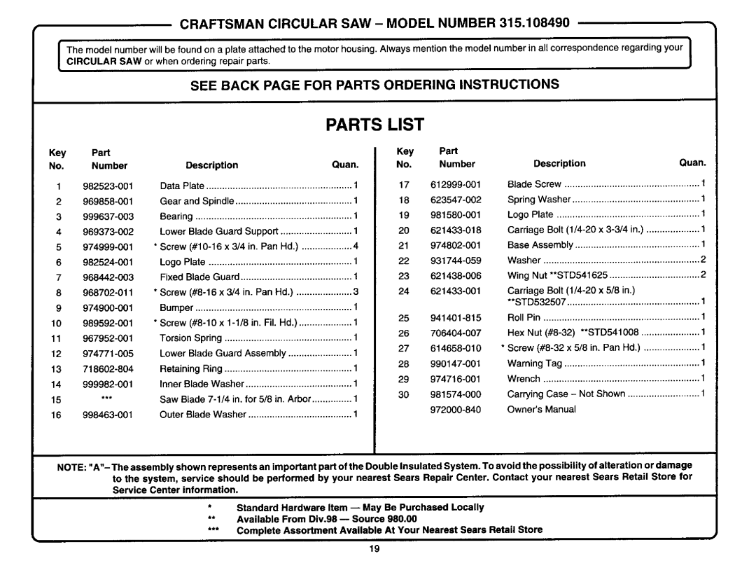 Craftsman 315.10849 owner manual Key Part No. Number 982523-001 969858-001, Ouan 