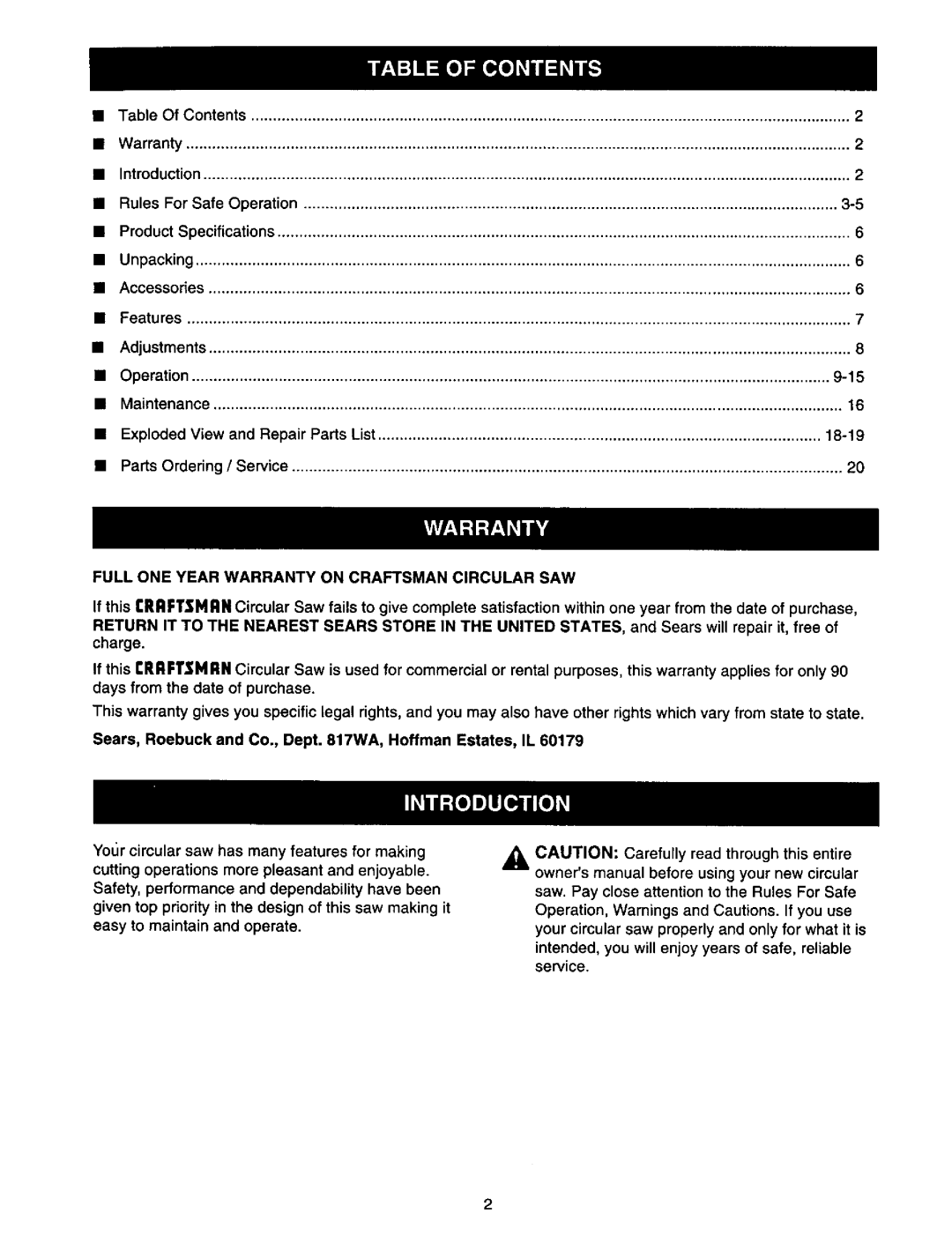 Craftsman 315.10849 owner manual Full ONE Year Warranty on Craftsman Circular SAW, Charge 