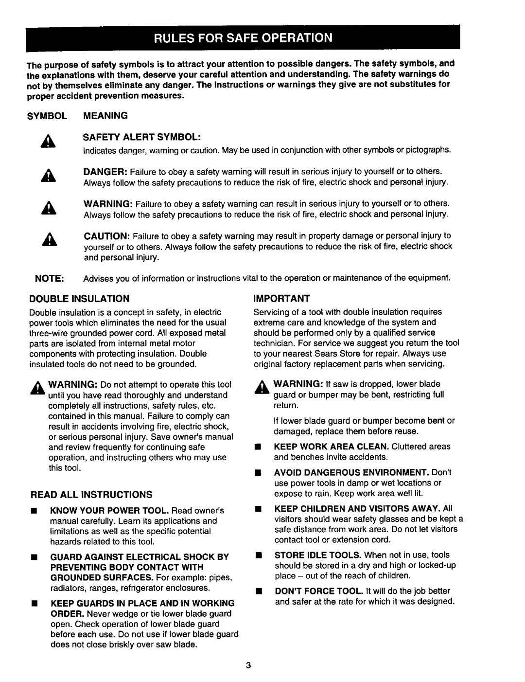 Craftsman 315.10849 owner manual Symbol Double Meaning Safety Alert Symbol, Insulationimportant, Read ALL Instructions 