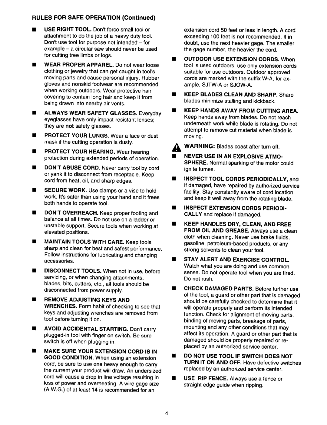 Craftsman 315.10849 owner manual Rules for Safe Operation, Remove Adjusting Keys 