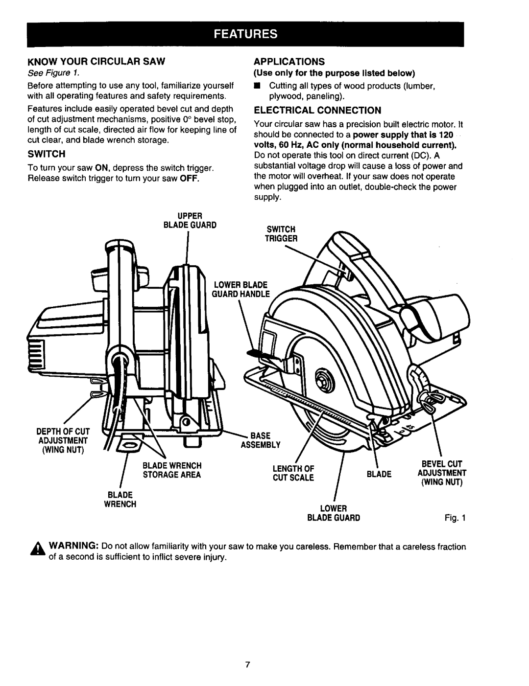 Craftsman 315.10849 Know Your Circular SAW, Upper Bladeguard Applications, Electrical Connection, Switch Trigger 