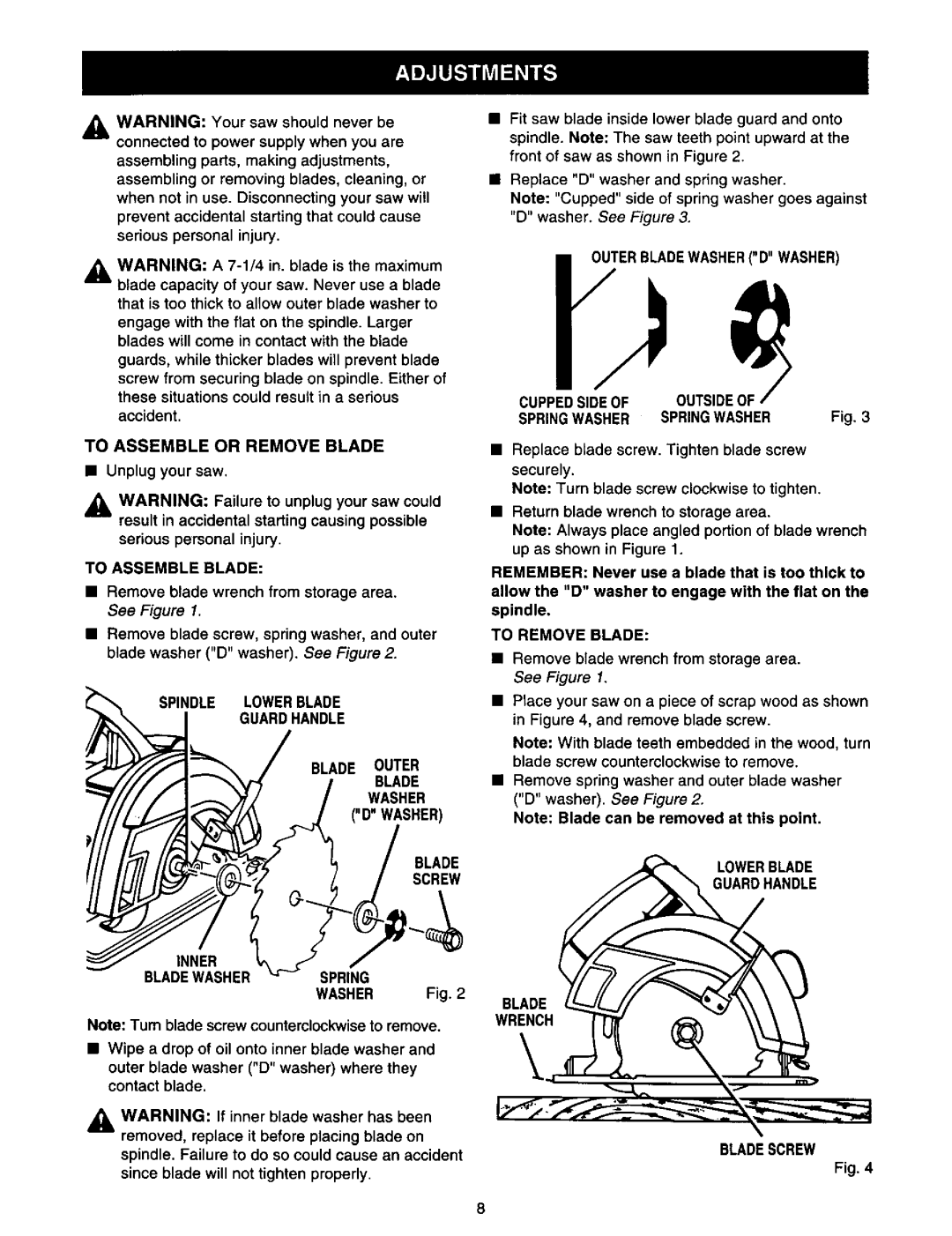 Craftsman 315.10849 owner manual To Assemble or Remove Blade, To Assemble Blade, Bladewasherspring, To Remove Blade 