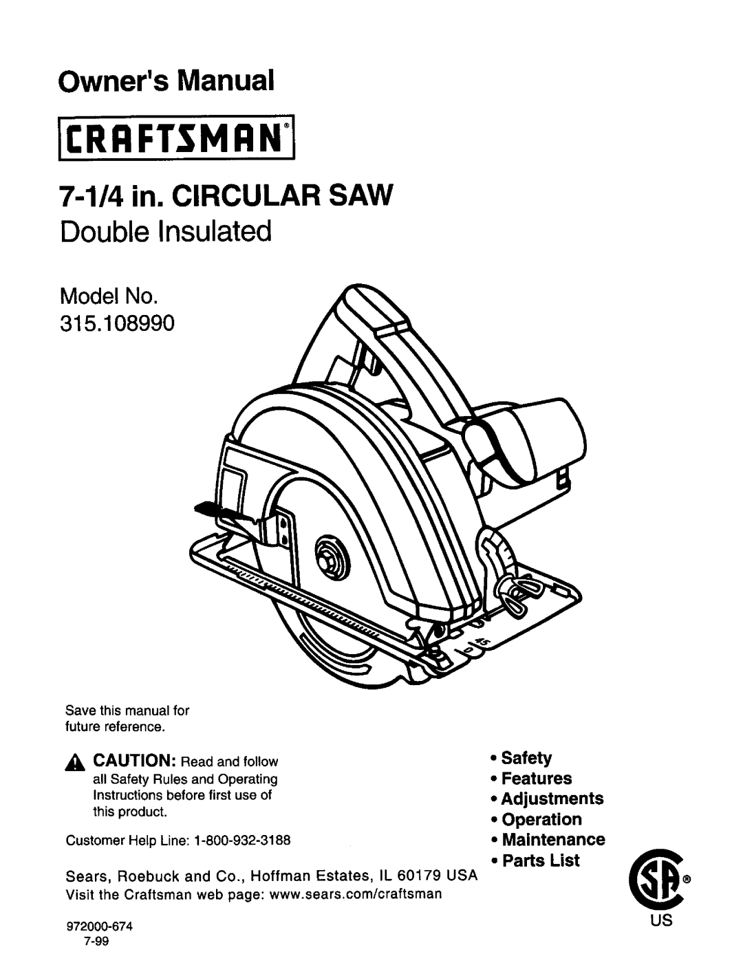 Craftsman 315.10899 owner manual OwnersManual 4 in. Circular SAW 