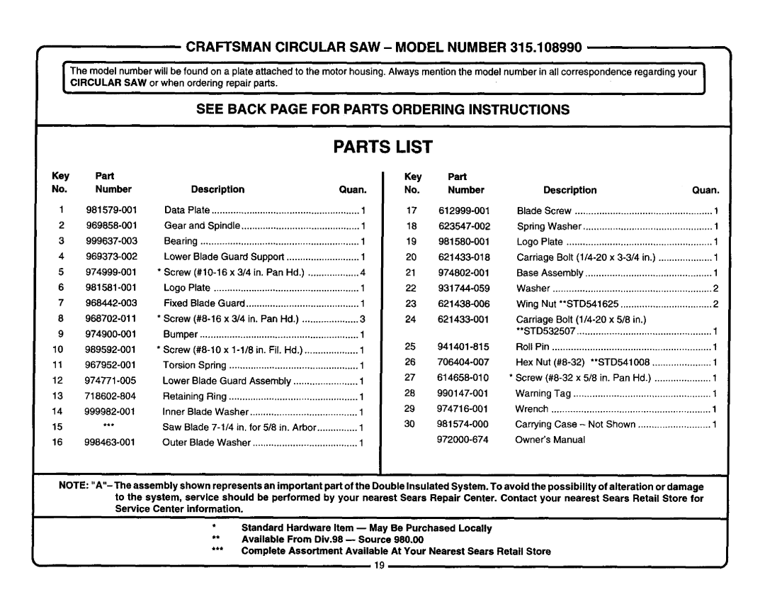 Craftsman 315.10899 owner manual Key Part No. Number, Description Quan 