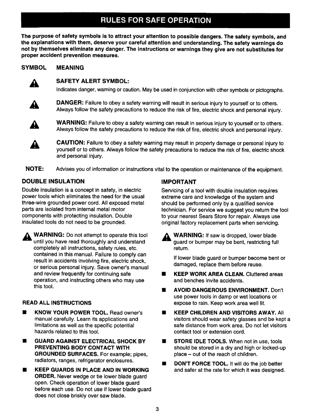 Craftsman 315.10899 owner manual Symbol Meaning Safety Alert Symbol, Double Insulation, Read ALL Instructions 