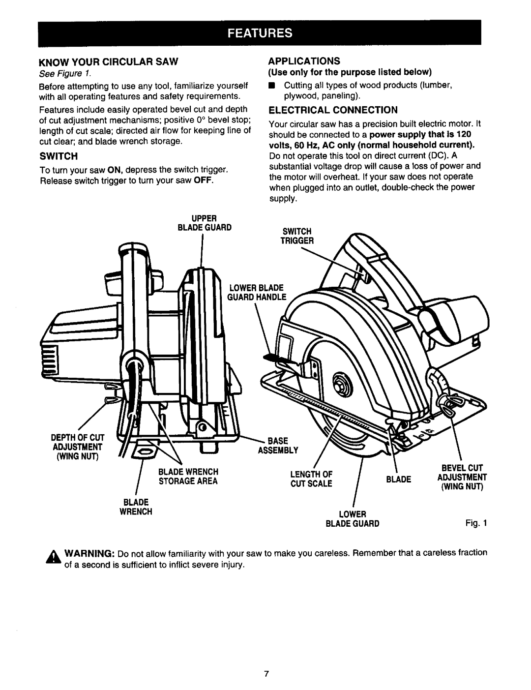 Craftsman 315.10899 owner manual Know Your Circular SAW, Switch, Upper Bladeguard Applications, Electrical Connection 