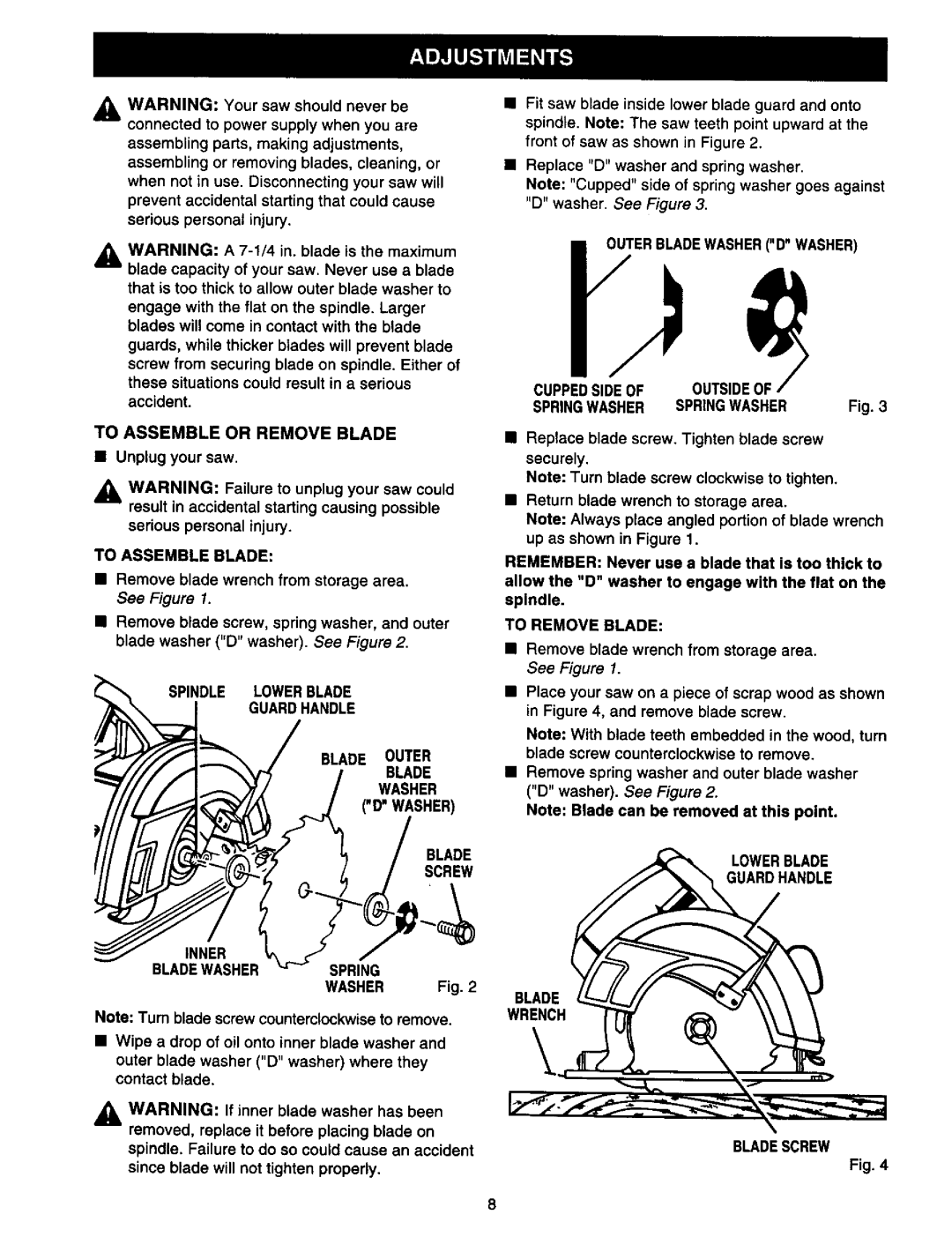 Craftsman 315.10899 owner manual To Assemble Blade, Outerbladewasherd Washer Cuppedside of Outsideof, To Remove Blade 