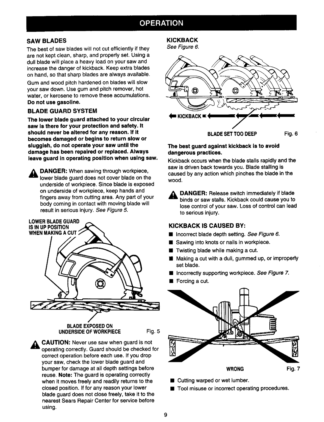 Craftsman 315.10899 SAW Blades, Blade Guard System, Lowerbladeguard, Bladesettoo Deep, Kickback is Caused by, Wrong 