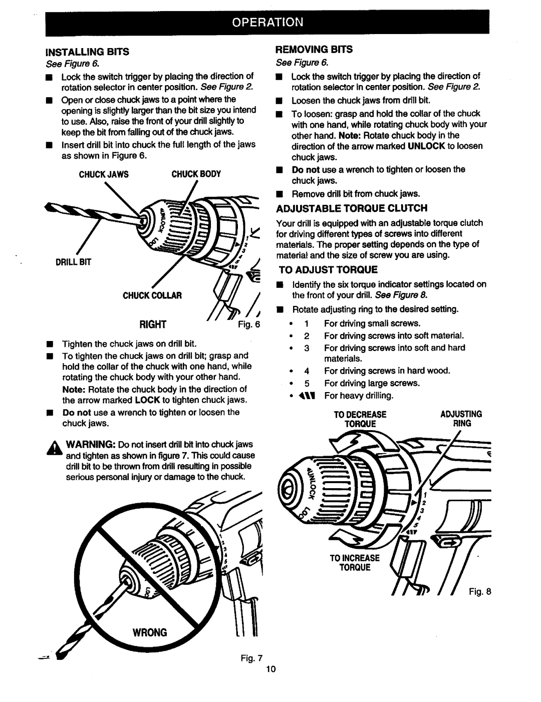 Craftsman 315.11078 Chuckjawschuckbody Drillbit Chuckcollar, Removing Bits, Adjustable Torque Clutch, To Adjust Torque 