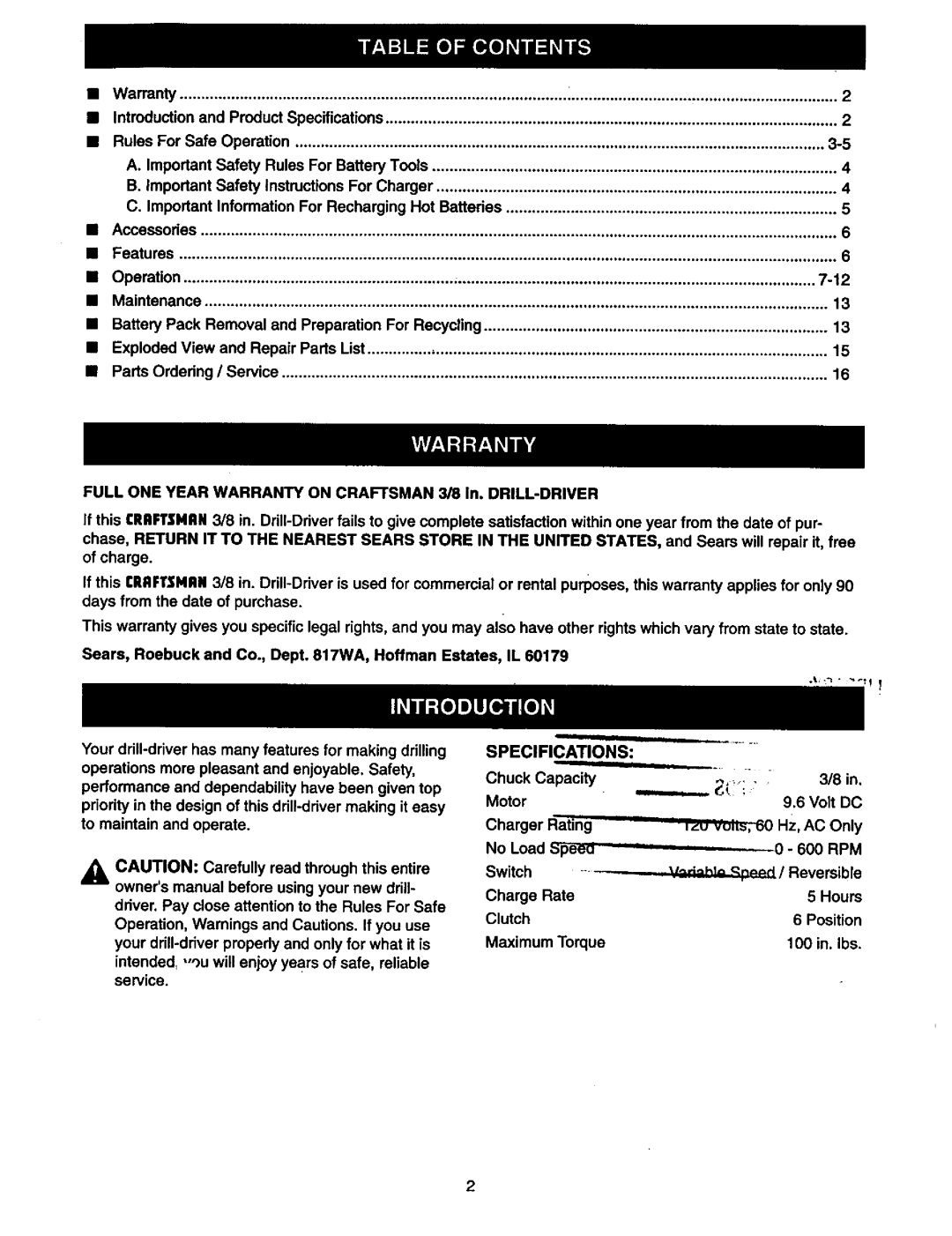 Craftsman 315.11078 owner manual Specifications 