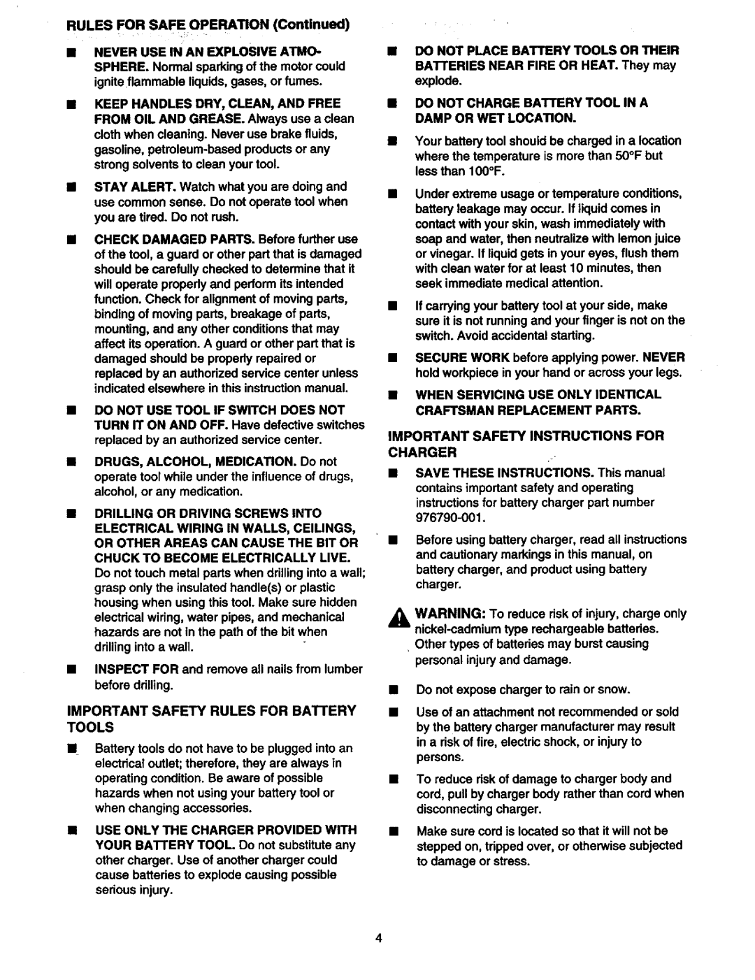 Craftsman 315.11078 owner manual Tools, Do not Charge Battery Tool in a Damp or WET Location 