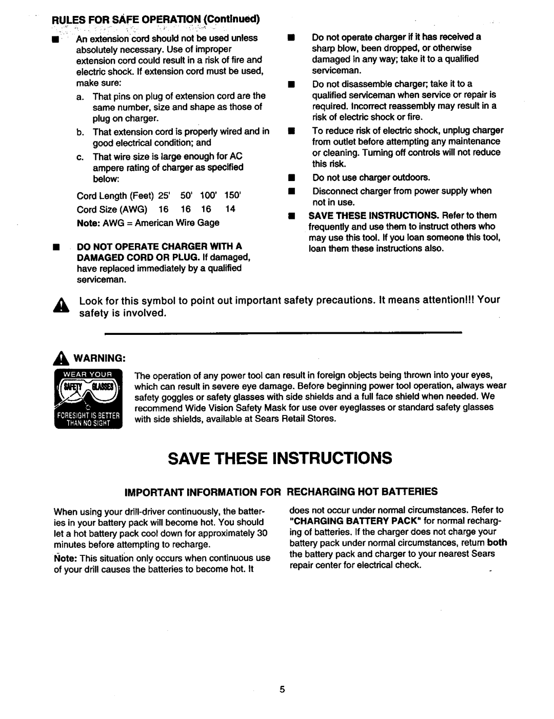 Craftsman 315.11078 owner manual Important Information for, Recharging HOT Batteries 