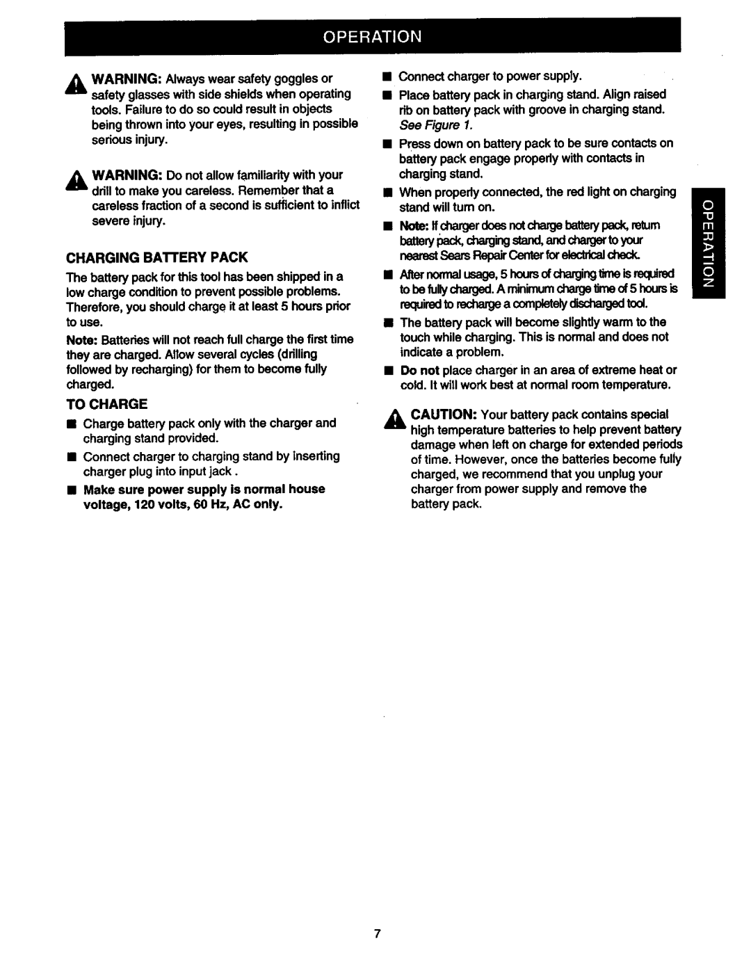 Craftsman 315.11078 owner manual Charging BAIrERYPACK, To Charge 