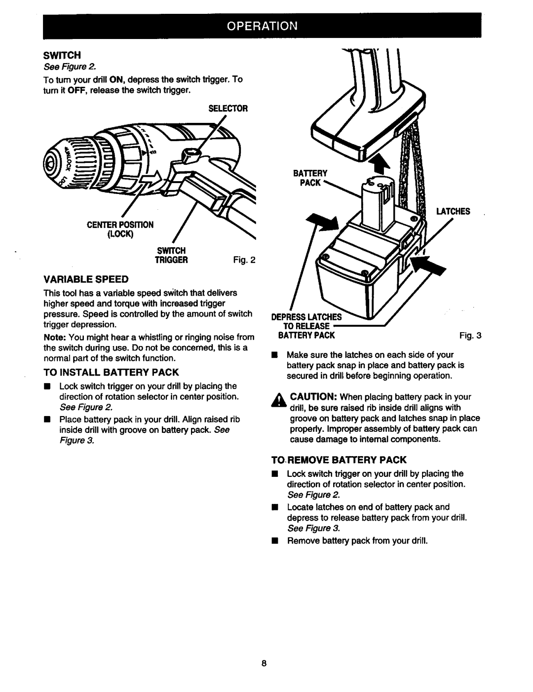 Craftsman 315.11078 owner manual Selector Centerposition Lock Switch Trigger Variable Speed, To Install Battery Pack 