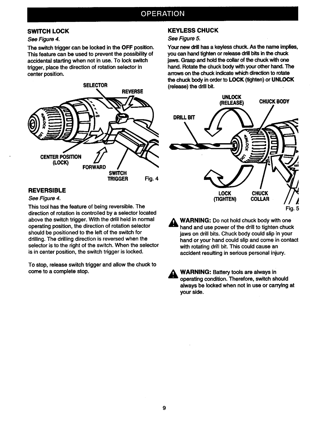 Craftsman 315.11078 owner manual Selector Reverse Centerposition Lock Forward Switch, Reversible, Keyless Chuck 