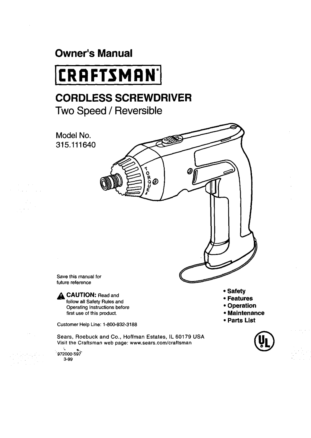 Craftsman 315.111640 owner manual Cordless Screwdriver 