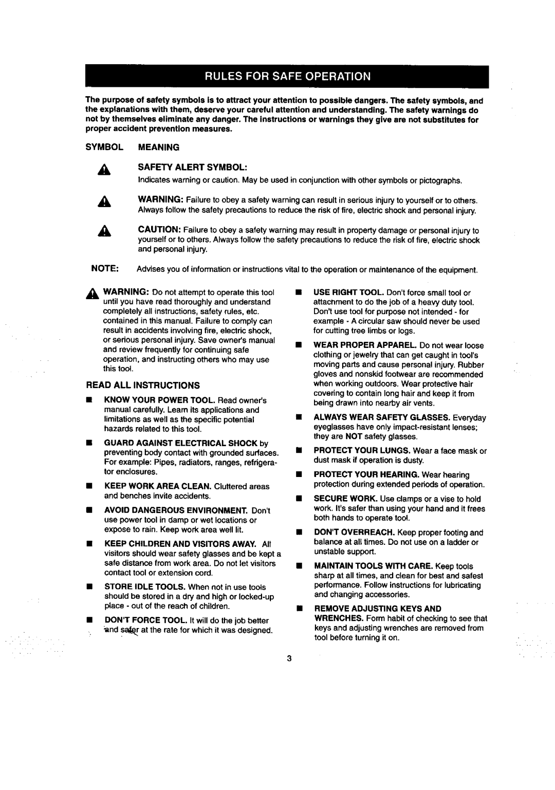 Craftsman 315.111640 owner manual Symbol Meaning Safety Alertsymbol, Read ALL Instructions, Reove Adjusting Keys 