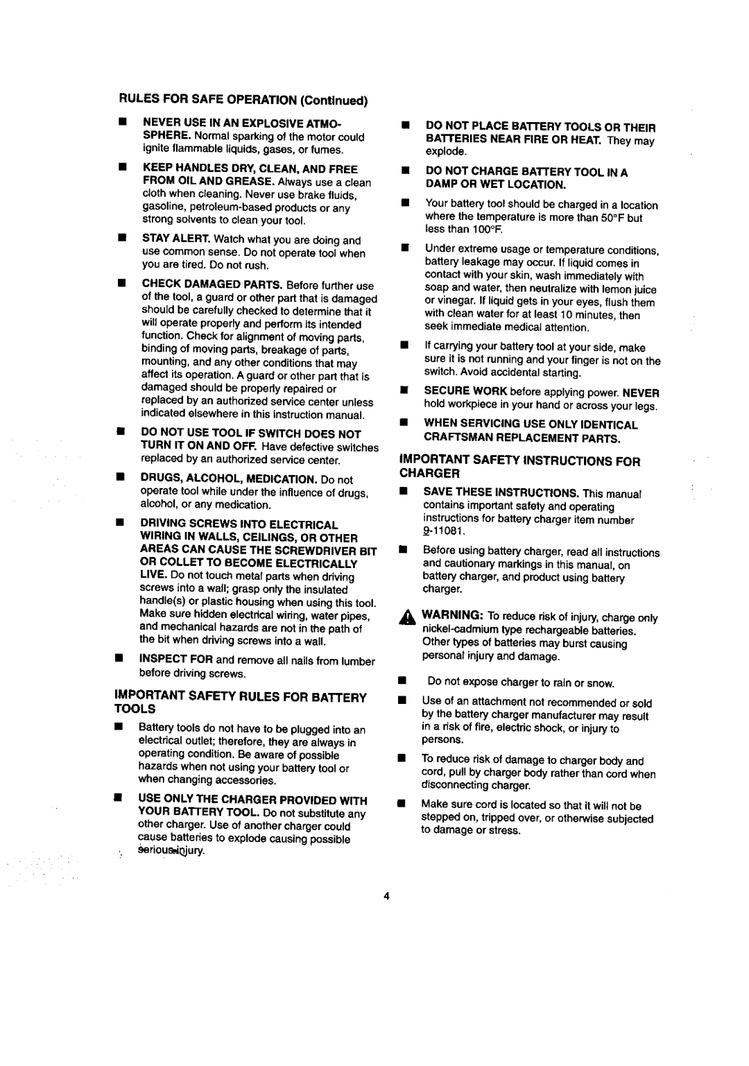 Craftsman 315.111640 owner manual Important Safety Rules for Battery Tools, Important Safety Instructions for Charger 