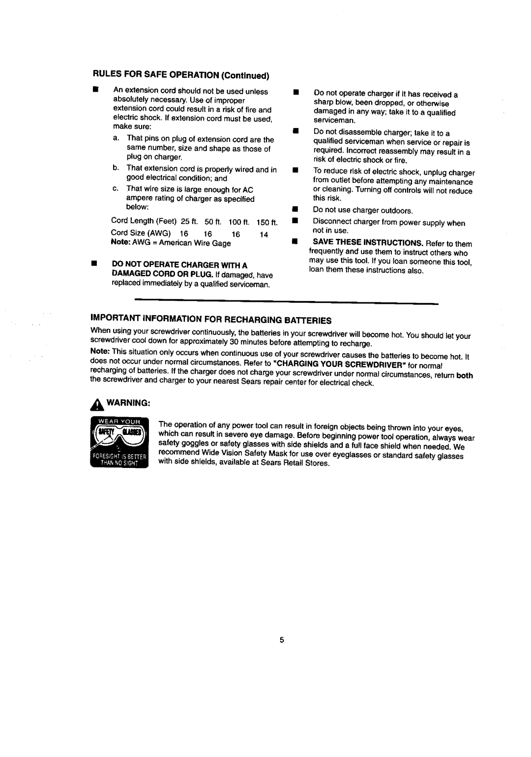 Craftsman 315.111640 owner manual Rulesforsafeoperation, Important Information for Recharging Batteries 