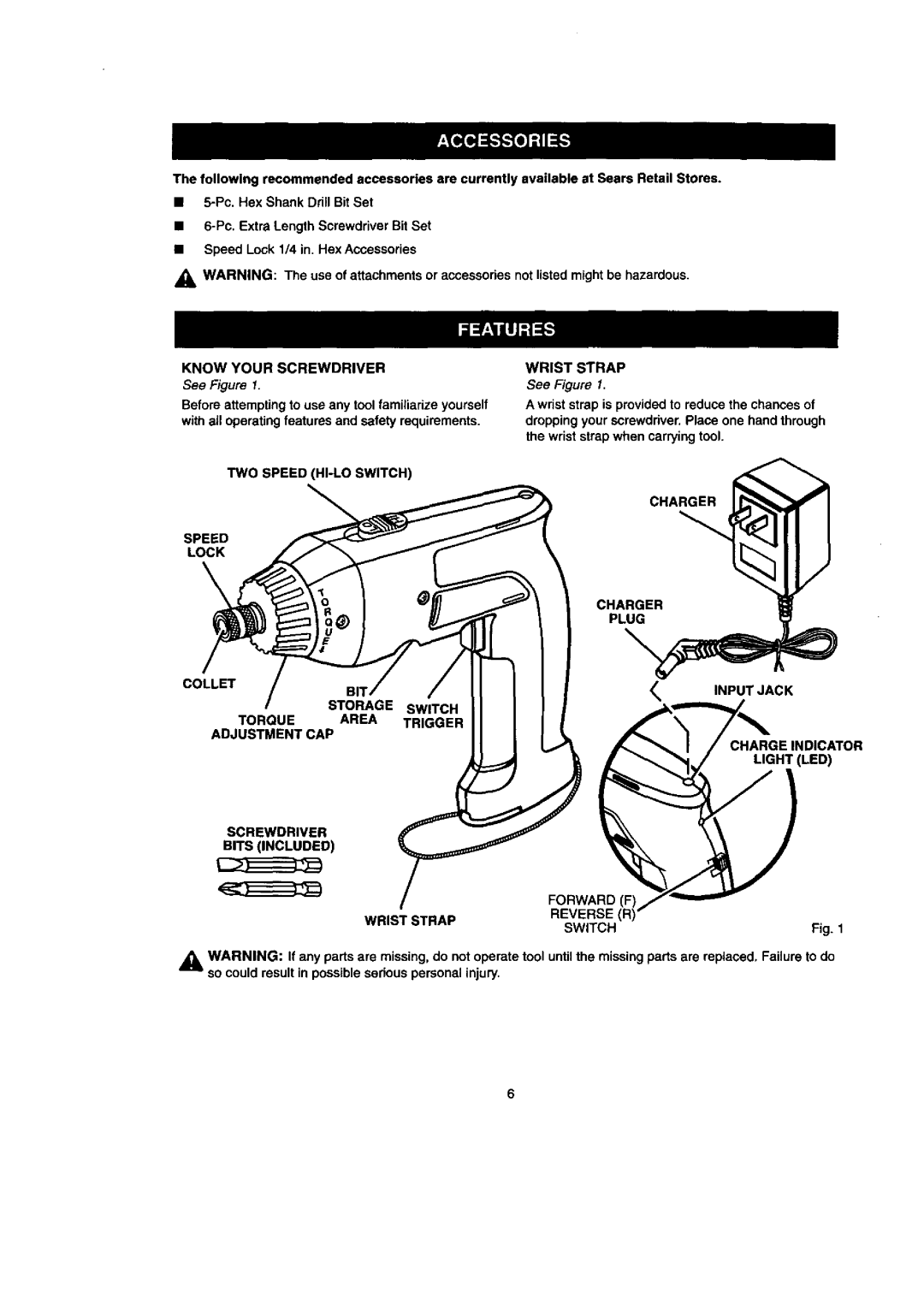 Craftsman 315.111640 owner manual Inputjack, Know Your Screwdriver Wrist Strap, TWO Speed HI-LO Switch 