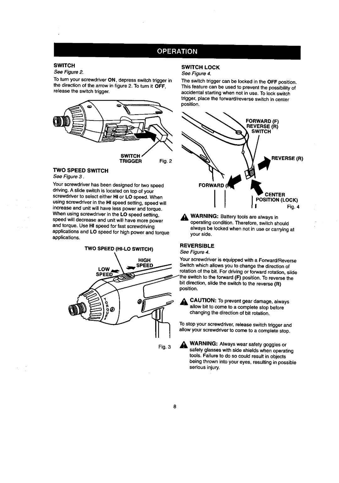 Craftsman 315.111640 Trigger TWO Speed Switch, TWO Speed HI-LO Switch High, Switch Lock, Forward F Reverse R Switch 