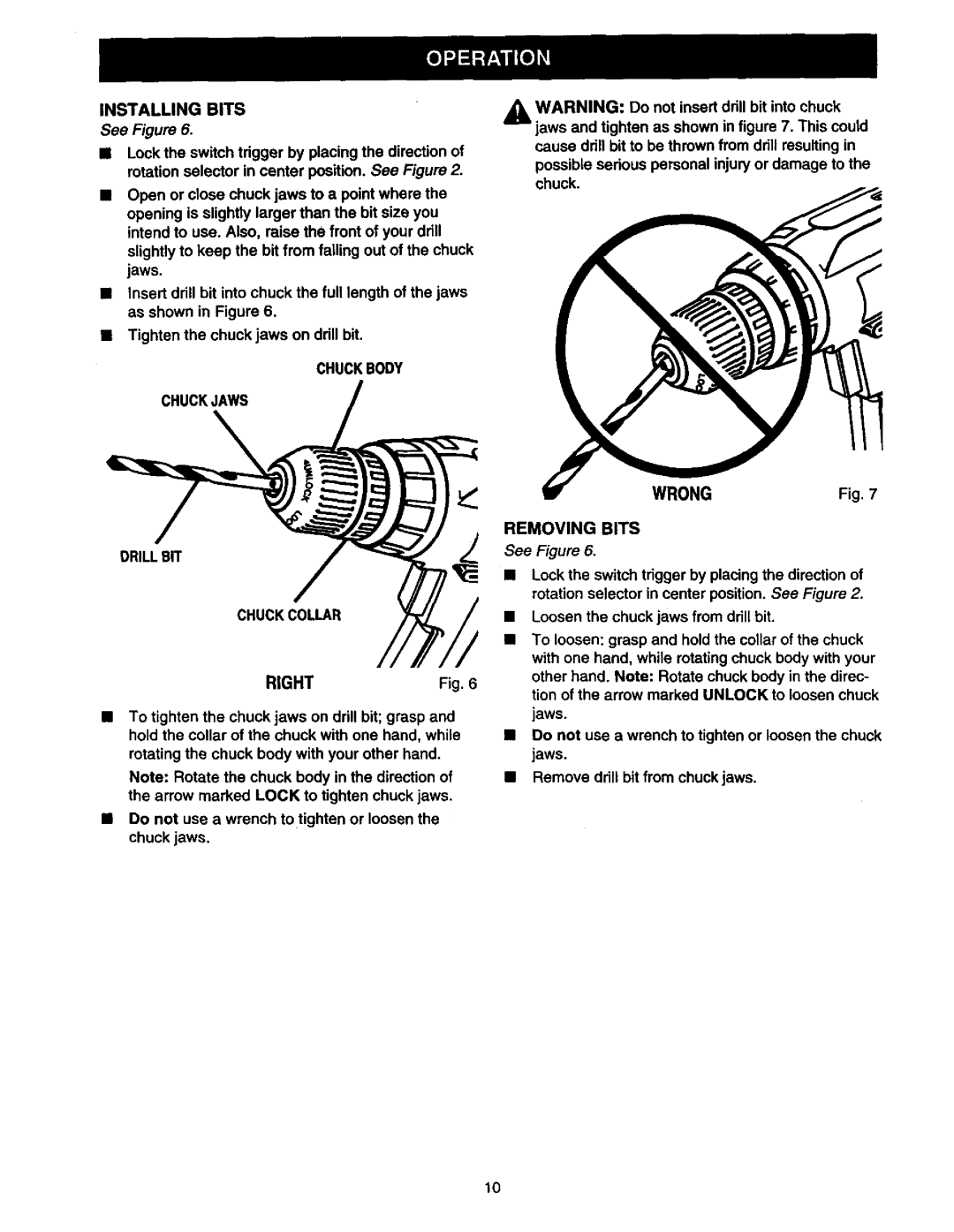 Craftsman 315.111920 owner manual Right, Installing Bits, Chuckbody Chuckjaws Drillbit Chuckcollar, Removing Bits 