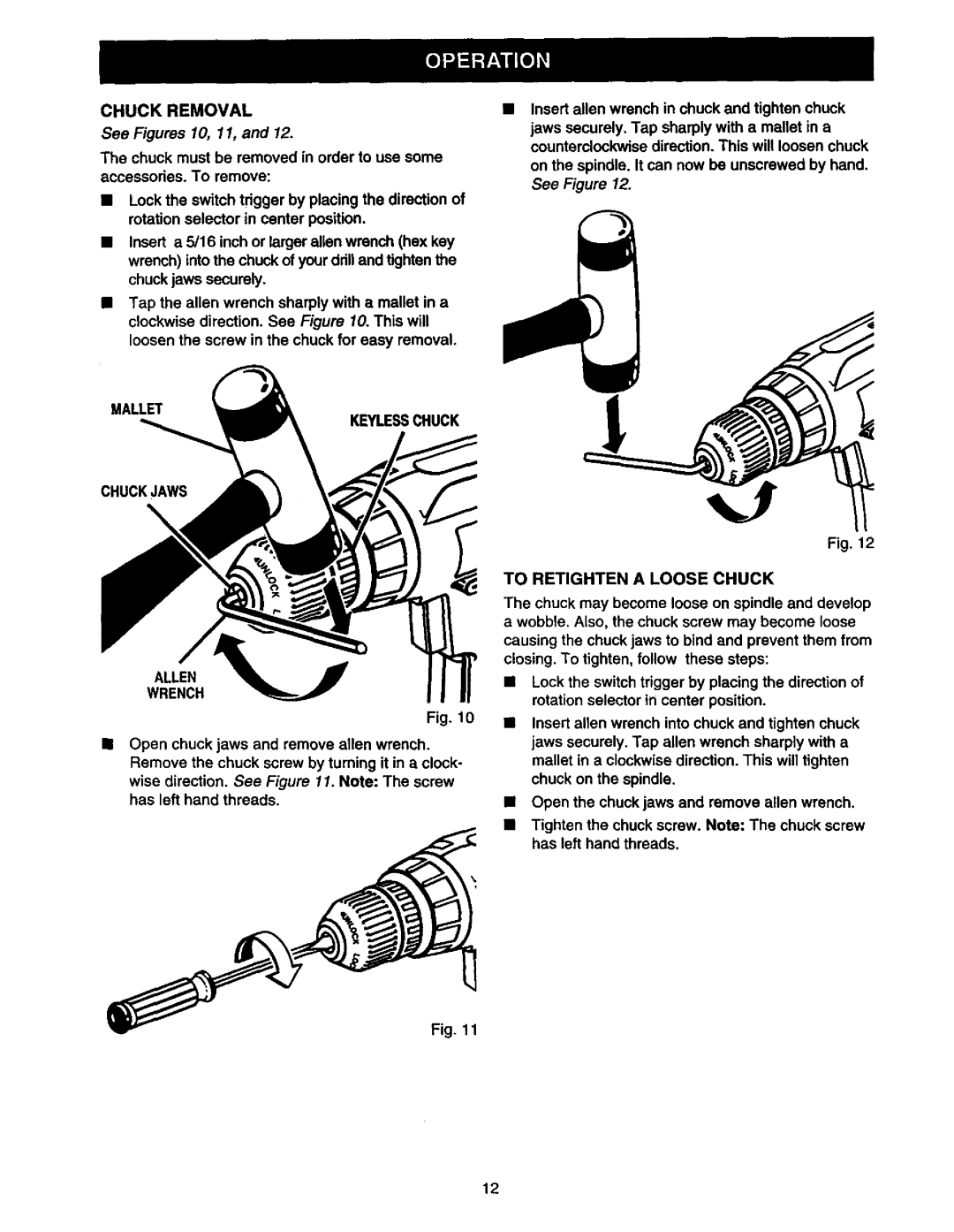 Craftsman 315.111920 owner manual Chuck Removal, See Figures 10, 11, Mallet Keylesschuck Chuckjaws Allen Wrench 